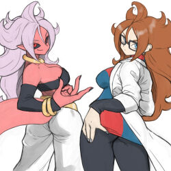 Rule 34 | 2girls, android 21, ass, black-framed eyewear, black nails, black sclera, black tube top, blue eyes, breasts, checkered clothes, checkered dress, choker, cleavage, closed mouth, colored sclera, colored skin, dragon ball, dragon ball fighterz, dress, dual persona, earrings, glasses, highres, hoop earrings, jewelry, lab coat, long hair, looking at viewer, majin android 21, medium breasts, multiple girls, pink skin, red eyes, simple background, smile, strapless, tail, toshinoshin, tube top, white background, yellow choker