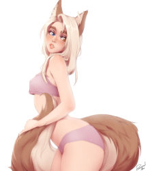 Rule 34 | 1girl, animal ear fluff, animal ears, arched back, artist name, bare arms, bare shoulders, between legs, blue eyes, bra, breasts, brown eyes, fox ears, fox girl, fox tail, freckles, from side, heterochromia, highres, long hair, looking at viewer, losse (personal ami), original, panties, parted lips, personal ami, pink bra, pink panties, simple background, small breasts, solo, tail, tail between legs, thick eyebrows, underwear, underwear only, white background, white hair