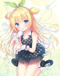 Rule 34 | 1girl, :p, bare shoulders, black dress, black footwear, blonde hair, blue eyes, blush, bobby socks, breasts, closed mouth, commentary request, copyright request, dress, food, fruit, gloves, green hair, green ribbon, hair ribbon, highres, lemon, lemon slice, long hair, mary janes, polka dot, polka dot dress, ribbon, shoe soles, shoes, sleeveless, sleeveless dress, small breasts, smile, socks, solo, tongue, tongue out, two side up, usashiro mani, very long hair, water drop, white gloves, white socks