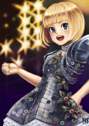 Rule 34 | 1girl, bad id, bad pixiv id, blonde hair, blue eyes, blush, bob cut, character request, choker, dance evolution, dress, hand on own hip, highres, hip focus, open mouth, pointing, short dress, short hair, smile, solo, yunomi (yunomi laboratory), yunomin