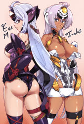 Rule 34 | 2girls, akinaie, android, ass, bare shoulders, breasts, cleavage, collarbone, cosplay, costume switch, dark-skinned female, dark skin, elbow gloves, fingerless gloves, gloves, hands on own hips, highres, huge ass, kos-mos, large breasts, long hair, looking at viewer, looking back, multiple girls, purple hair, red eyes, shiny skin, silver hair, skindentation, smile, t-elos, thighhighs, underboob, undressing, very long hair, xenosaga, xenosaga episode i, xenosaga episode iii
