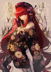 Rule 34 | 1girl, ahoge, alternate costume, arknights, black kimono, closed mouth, commentary request, demon horns, floral print, flower, fur collar, hagoita, hair flower, hair ornament, hemorina, highres, holding, holding paddle, horns, japanese clothes, kadomatsu, kimono, long hair, long sleeves, looking at viewer, new year, paddle, pointy ears, print kimono, purple flower, purple headwear, red eyes, red hair, sidelocks, sitting, smile, solo, tabi, very long hair, vigna (arknights), white legwear, wide sleeves