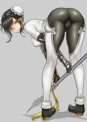Rule 34 | 1girl, ass, bent over, black hair, bodysuit, breasts, cameltoe, fate (series), from behind, green eyes, grey background, large breasts, looking at viewer, pigeon-toed, qin liangyu (fate), short hair, simple background, skin tight, smile, solo, solo focus, standing, sturmjaeger (daybreaks0), weapon