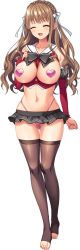 Rule 34 | 1girl, armband, azuma suzuna, braid, breastless clothes, breasts, bridal gauntlets, brown hair, brown thighhighs, censored, crown braid, closed eyes, full body, green eyes, heart pasties, highres, large breasts, long hair, mosaic censoring, natsuhiko, navel, official art, open mouth, pasties, photoshop (medium), pussy, saint dorei gakuen 2, solo, thighhighs, toeless legwear, transparent background