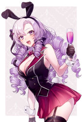 Rule 34 | 1girl, :d, akikuriii, animal ears, bare shoulders, black gloves, black thighhighs, black vest, breasts, bunny garden, champagne flute, cleavage, cosplay, cowboy shot, cup, drill hair, drinking glass, fake animal ears, fake tail, garter straps, gloves, hairband, highres, holding, holding cup, hyakumantenbara salome, large breasts, leotard, long hair, miniskirt, necktie, nijisanji, open mouth, playboy bunny, purple eyes, purple hair, rabbit ears, rabbit tail, red necktie, red skirt, simple background, skirt, smile, solo, tail, thighhighs, vest, virtual youtuber, white background, wrist cuffs
