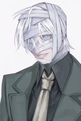 Rule 34 | 1boy, bandage on face, bandaged head, bandages, blue eyes, devil may cry (series), formal, gauti9naaaa, gilver, green suit, highres, male focus, pale skin, simple background, smile, solo, suit, vergil (devil may cry), white background, white hair