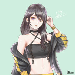 Rule 34 | 1girl, absurdres, artanu, artist logo, artist name, black bra, black choker, black hair, black jacket, bra, bracelet, breasts, casual, choker, cleavage, clothing request, colored eyelashes, commentary, commission, earrings, english commentary, gold bracelet, hair over shoulder, hand on own head, highres, jacket, jacket partially removed, jewelry, blue background, lips, lipstick, long eyelashes, long hair, long sleeves, looking at viewer, makeup, medium breasts, multicolored clothes, multicolored jacket, navel, one side up, original, parted lips, purple eyes, signature, simple background, solo, two-tone jacket, underwear, upper body, yellow jacket