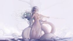 Rule 34 | 1girl, absurdres, breasts, highres, ice, long hair, looking at viewer, medium breasts, monster girl, nipples, nude, polearm, pussy, scylla, solo, spear, tentacles, water, weapon