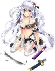Rule 34 | 1girl, breasts, broken, broken sword, broken weapon, cleavage, full body, hair ornament, iwakuni (oshiro project), kanaso529, long hair, midriff, navel, official art, oshiro project:re, oshiro project:re, red eyes, seiza, silver hair, sitting, solo, sword, tearing up, torn clothes, transparent background, very long hair, weapon