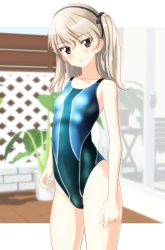 Rule 34 | 1girl, absurdres, aqua one-piece swimsuit, black hairband, blurry, breasts, brown eyes, competition swimsuit, cowboy shot, depth of field, fence, girls und panzer, hairband, head tilt, highres, light brown hair, long hair, looking at viewer, one-piece swimsuit, one side up, parted lips, plant, potted plant, shimada arisu, small breasts, solo, standing, swimsuit, takafumi