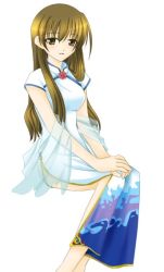 Rule 34 | 1girl, akanegasaki sora, breasts, brown eyes, brown hair, china dress, chinese clothes, dress, ever 17, flower, long hair, looking at viewer, min, rose, see-through, shawl, short sleeves, side slit, simple background, sitting, solo, white background, white dress