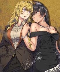 Rule 34 | 2girls, :d, ahoge, alternate costume, animal ear fluff, animal ears, arm at side, artist name, bangle, bare arms, bare shoulders, belt, black belt, black dress, black hair, black jacket, black pants, blake belladonna, blonde hair, blush, bracelet, breasts, brown eyes, cat ears, cleavage, clenched hand, closed mouth, collared shirt, commentary, couple, cowboy shot, dress, earrings, eye contact, eyeshadow, female focus, formal, gradient background, grey jacket, hair between eyes, hand in pocket, hand up, happy, head tilt, highres, interspecies, jacket, jewelry, large breasts, long hair, looking at another, makeup, multiple girls, neck, necklace, off-shoulder dress, off shoulder, open clothes, open jacket, open mouth, pants, purple eyes, rosa katze, rwby, shirt, side-by-side, signature, slit pupils, smile, suit, white shirt, wing collar, yang xiao long, yuri