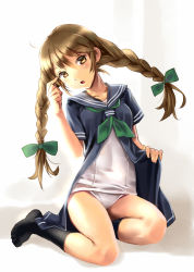 Rule 34 | 1girl, black socks, bow, braid, brown eyes, brown hair, dress, full body, hair bow, katahira masashi, long hair, no shoes, old school swimsuit, one-piece swimsuit, original, sailor dress, school swimsuit, school uniform, socks, solo, swimsuit, swimsuit under clothes, twin braids, white school swimsuit, white one-piece swimsuit