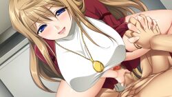 Rule 34 | 1girl, blonde hair, blue eyes, blush, bottomless, breasts, censored, cowgirl position, eyebrows hidden by hair, game cg, girl on top, guided penetration, highres, hiiragi akao, holding hands, imminent penetration, indoors, interlocked fingers, jewelry, jinki, jinki resurrection, large breasts, legs, long hair, lying, mosaic censoring, necklace, no panties, open mouth, original, penis, pov, pussy, straddling, thighs, tsunashima shirou