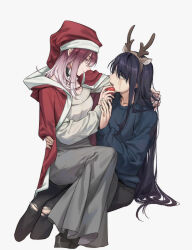 Rule 34 | 2girls, absurdres, antlers, apple, black hair, black pants, cape, christmas, commentary, food, fruit, gradient hair, grey background, grey skirt, hand in another&#039;s hair, hand on another&#039;s waist, hand on another&#039;s wrist, hat, highres, holding, holding food, horns, long hair, long sleeves, looking at another, multicolored hair, multiple girls, open mouth, pants, path to nowhere, rahu (path to nowhere), red cape, red eyes, red hair, red hat, reindeer antlers, rekari (rekari628), santa hat, scar, scar across eye, shalom (path to nowhere), simple background, sitting, sitting on lap, sitting on person, skirt, sweater, torn clothes, torn pants, white hair, white sweater, yuri