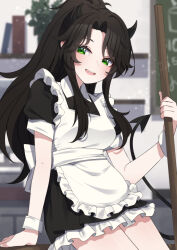 Rule 34 | 1girl, apron, back bow, black dress, black hair, black horns, bow, breasts, chalkboard, commission, demon girl, demon horns, demon tail, dress, frilled apron, frills, green eyes, highres, holding, horns, indie virtual youtuber, long hair, maid, open mouth, ponytail, solo, tail, teeth, unethical (vtuber), upper teeth only, valefal coneri, vgen commission, virtual youtuber, white apron, white wrist cuffs, wrist cuffs