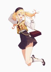Rule 34 | 1girl, absurdres, bag, blonde hair, brown bag, brown footwear, brown headwear, brown skirt, full body, highres, icercck, jumping, long hair, long sleeves, mary janes, open mouth, pink eyes, pleated skirt, project sekai, shoes, shoulder bag, sidelocks, skirt, solo, tenma saki, twintails, vest, white background, yellow vest