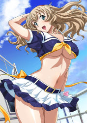 Rule 34 | 00s, 1girl, belt, blue eyes, breasts, clothes lift, cloud, crop top, day, from below, hairband, hand in own hair, ikkitousen, large breasts, light brown hair, long hair, midriff, navel, open mouth, orange ribbon, outdoors, pleated skirt, ribbon, shiny skin, skirt, skirt lift, solo, sonken chuubou, underboob, wind, wind lift