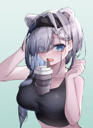 Rule 34 | 1girl, absurdres, animal ears, arknights, aurora (arknights), bare arms, bare shoulders, bear ears, black gloves, black hairband, blue background, blue eyes, blush, breasts, bubble tea challenge, collarbone, cup, disposable cup, eyes visible through hair, gloves, gradient background, hair ornament, hair over one eye, hair over shoulder, hairband, hairclip, hands up, highres, large breasts, long hair, looking at viewer, open mouth, qinshi-ji, saliva, silver hair, solo, sweat, tongue, tongue out, upper body