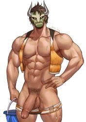 Rule 34 | 1boy, abs, alternate costume, bara, bare pectorals, black male swimwear, brown hair, clothing aside, clothing cutout, commission, cross-laced clothes, cross-laced cutout, crotch cutout, erection, feet out of frame, fire emblem, flaccid, highres, horned mask, jouvru, large pectorals, large penis, legion (fire emblem), looking at viewer, male focus, male pubic hair, male swimwear, male swimwear pull, mask, muscular, muscular male, navel, nintendo, nipples, pectorals, penis, pubic hair, short hair, solo, stomach, swim briefs, swimsuit, swimsuit aside, thick thighs, thighs, uncensored, wet, white background, white male swimwear