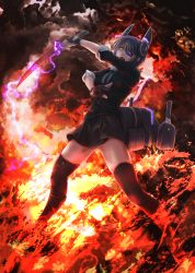 Rule 34 | 10s, 1girl, battle, black gloves, black skirt, black thighhighs, breasts, cardigan, dys, electricity, eyepatch, fingerless gloves, fire, gloves, headgear, highres, kantai collection, long sleeves, looking at viewer, mecha musume, miniskirt, necktie, open mouth, orange eyes, purple hair, short hair, skirt, sleeves rolled up, smoke, solo, spread legs, standing, swinging, sword, tenryuu (kancolle), thighhighs, weapon, zettai ryouiki