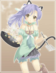 Rule 34 | 1girl, animal ears, bad id, bad pixiv id, blush, boots, brown eyes, cat ears, cat tail, collarbone, cooking, francis de lariatte, frying pan, hair ornament, harvest moon, long hair, odette (rune factory), open mouth, ponytail, purple hair, rune factory, rune factory oceans, solo, spatula, sweatdrop, tail