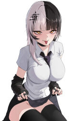 Rule 34 | 1girl, arm warmers, black gloves, black hair, black nails, black thighhighs, blush, breasts, clothes lift, fingerless gloves, gloves, grey hair, highres, hololive, hololive english, large breasts, lifting own clothes, long hair, looking at viewer, multicolored hair, no panties, open mouth, piercing, pitespear, shiori novella, short sleeves, skirt, skirt lift, solo, split-color hair, thighhighs, tongue, tongue out, tongue piercing, two-tone hair, virtual youtuber, white background, yellow eyes