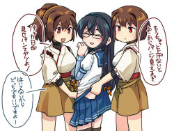 Rule 34 | 10s, 3girls, black hair, breasts, brown eyes, brown hair, glasses, hair ribbon, hyuuga (kancolle), ise (kancolle), japanese clothes, kantai collection, large breasts, long hair, multiple girls, ooyodo (kancolle), ponytail, ribbon, short hair