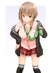 Rule 34 | 1girl, black thighhighs, blush, breasts, brown eyes, brown hair, cleavage, closed mouth, collarbone, dress shirt, frills, fujishima shinnosuke, gradient background, green necktie, hand on own hip, hood, hoodie, large breasts, leaning forward, legs apart, long sleeves, looking at viewer, loose necktie, necktie, off shoulder, open clothes, open hoodie, original, over-kneehighs, pink shirt, plaid, plaid necktie, plaid neckwear, plaid skirt, red skirt, safety pin, shirt, short hair with long locks, sidelocks, skirt, skull print, smile, solo, standing, striped, thighhighs, white background