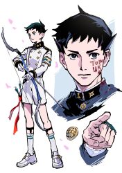 Rule 34 | 1boy, absurdres, ace attorney, armband, black hair, blood, blood on face, blood writing, blue eyes, bow (weapon), closed mouth, full body, gloves, highres, holding, holding bow (weapon), holding weapon, jacket, long sleeves, looking at viewer, male focus, multiple views, reba (akeruna), ryunosuke naruhodo, short hair, shorts, simple background, socks, solo, standing, the great ace attorney, weapon, white background, white footwear, white gloves, white jacket, white shorts, white socks