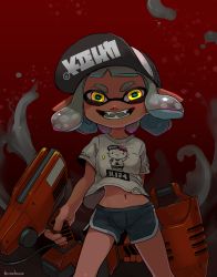 Rule 34 | 1girl, artist name, baseball cap, black hat, black shorts, blunt bangs, clothes writing, commentary, dark-skinned female, dark skin, dolphin shorts, dual squelcher (splatoon), dual wielding, evil smile, fangs, glowing, grey hair, gym shorts, hanako515 ika, hat, hello kitty, hello kitty (character), highres, holding, holding weapon, inkling, inkling (language), inkling girl, inkling player character, logo, looking at viewer, midriff, nintendo, open mouth, pointy ears, print shirt, sanrio, shirt, short hair, short shorts, short sleeves, shorts, signature, smile, solo, splatoon (series), splatoon 2, standing, t-shirt, tentacle hair, weapon, yellow eyes