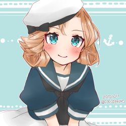 Rule 34 | 1girl, anchor symbol, black neckerchief, blonde hair, blue eyes, blue sailor collar, cocoperino, cowboy shot, dated, dress, hat, janus (kancolle), kantai collection, leaning forward, left-handed, looking at viewer, neckerchief, parted bangs, sailor collar, sailor dress, sailor hat, short hair, short sleeves, smile, solo, twitter username, two-tone background, white dress