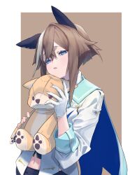 Rule 34 | 1girl, absurdres, animal ears, blue eyes, brown background, brown hair, cape, cheval grand (umamusume), gloves, highres, holding, holding stuffed toy, horse ears, horse girl, multicolored hair, navel, open mouth, short hair with long locks, single glove, solo, spmkwy, streaked hair, stuffed animal, stuffed dog, stuffed toy, umamusume, white gloves, white hair