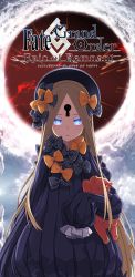 Rule 34 | 1girl, abigail williams (fate), akiyamakatsu to, black bow, black dress, black hat, blonde hair, blue eyes, bow, closed mouth, copyright name, dress, fate/grand order, fate (series), glowing, glowing eyes, hair bow, hat, highres, hugging object, keyhole, long hair, long sleeves, looking at viewer, orange bow, parted bangs, polka dot, polka dot bow, sleeves past wrists, solo, stuffed animal, stuffed toy, teddy bear, very long hair