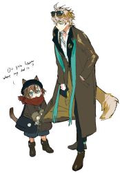 Rule 34 | 2boys, absurdres, aged down, animal ears, arknights, black gloves, blonde hair, blue bag, blue eyes, blue pants, blue shorts, boots, brown coat, brown footwear, cat ears, cat tail, coat, dog ears, dog tail, eyewear on head, furrysin, gloves, highres, long sleeves, multiple boys, open mouth, pants, red scarf, scarf, shirt, shoes, shorts, simple background, stainless (arknights), sunglasses, tail, tequila (arknights), tequila (cardwinner) (arknights), white background, white shirt