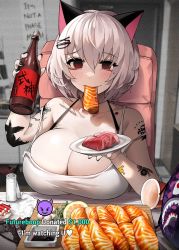 Rule 34 | 2girls, arm tattoo, blush, breasts, character request, cleavage, clothing request, empty eyes, english text, fish (food), flower tattoo, food, food in mouth, fruit, grey hair, hair between eyes, havoc-chan, highres, holding, holding plate, large breasts, lemon, lemon slice, mole, mole under eye, multiple girls, number tattoo, original, pearl thong, plate, red eyes, salmon, sashimi, short hair, shoulder tattoo, sitting, star tattoo, suou-sensei, tattoo, tuna, twitch.tv
