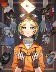 Rule 34 | 1girl, bag, black background, black gloves, blonde hair, brown gloves, closed mouth, controller, cross-shaped pupils, fingerless gloves, fingernails, frilled sleeves, frills, gloves, goggles, goggles around neck, goggles on head, gradient gloves, green eyes, green headwear, handbag, helmet, highres, holding, holding bag, holding remote control, identity v, innertube, jumpsuit, letter, long sleeves, looking at viewer, mechanical arms, orange jumpsuit, out of frame, outside border, parted bangs, red gloves, remote control, rubber duck, sansai toritori, short hair, sleeve cuffs, solo focus, straight-on, sweater, swim ring, symbol-shaped pupils, tracy reznik, tracy reznik (dormant koi), tracy reznik (just around the corner), tracy reznik (lockheart), tracy reznik (puppeteer), tracy reznik (re-swim), tracy reznik (red riding hood), turtleneck, turtleneck sweater, wax seal, white gloves, white sweater