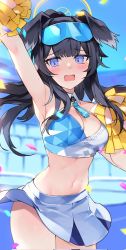 Rule 34 | 1girl, animal ears, arm up, armpits, bare shoulders, black hair, blue archive, blue eyes, blue skirt, blue sky, blush, breasts, cheerleader, cleavage, confetti, cowboy shot, crop top, dog ears, dog girl, eyewear on head, goggles, goggles on head, halo, hibiki (blue archive), hibiki (cheer squad) (blue archive), highres, holding, holding pom poms, king maguro, long hair, looking at viewer, medium breasts, midriff, millennium cheerleader outfit (blue archive), miniskirt, navel, open mouth, pom pom (cheerleading), pom poms, skirt, sky, solo, star sticker, sticker on face, stomach, thighhighs