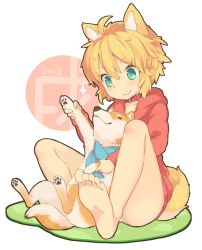 Rule 34 | 1girl, 2018, animal collar, animal ears, bare legs, barefoot, blonde hair, collar, commentary request, dog, dog ears, dog girl, dog tail, feet, green eyes, holding paw, hood, hoodie, lying, on back, original, panties, playing, red hoodie, rokushou, scarf, sitting, smile, soles, tail, toes, underwear, white panties