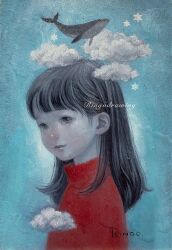 Rule 34 | 1girl, black eyes, black hair, blue background, cloud, commentary request, flying whale, highres, light smile, long hair, looking at viewer, oil painting (medium), original, painting (medium), red sweater, ringodrawing, solo, star (symbol), sweater, traditional media, turtleneck, turtleneck sweater, upper body, whale