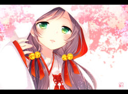 Rule 34 | 10s, 1girl, bell, cherry blossoms, goma (11zihisin), green eyes, hair bell, hair ornament, hood, japanese clothes, jingle bell, kimono, letterboxed, long hair, love live!, love live! school idol festival, love live! school idol project, low twintails, open mouth, purple hair, smile, solo, tojo nozomi, twintails, uchikake