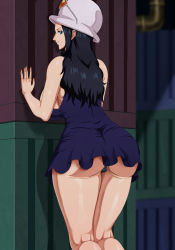 Rule 34 | 1girl, absurdres, against wall, ass, backboob, bare shoulders, black hair, blue eyes, breasts, cameltoe, closed mouth, dress, female focus, from behind, groin, hat, highres, indoors, large breasts, legs, long hair, looking back, nico robin, one piece, panties, pinkpawg, pussy, revealing clothes, side slit, sleeveless, smile, solo, standing, sunglasses, sunglasses on head, thighs, thong, underwear, upskirt