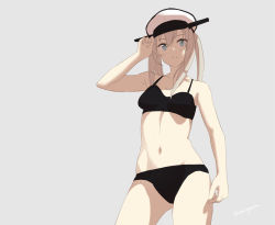Rule 34 | 10s, 1girl, barefoot, black bra, black panties, blonde hair, blue eyes, bow, bow panties, bra, breasts, cleavage, cowboy shot, eight tohyama, feet, gloves, graf zeppelin (kancolle), hand on headwear, hat, kantai collection, long hair, looking at viewer, military hat, panties, shadow, signature, simple background, small breasts, solo, twintails, underwear, underwear only