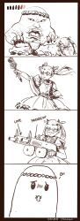 Rule 34 | 1girl, 4koma, :t, aa-12, aiming, arrow (symbol), artist name, black border, border, color guide, comic, commentary, dress, dual wielding, english commentary, english text, fallenspherell, frilled dress, frills, gloves, goggles, greyscale, gun, hand up, highres, holding, holding gun, holding wand, holding weapon, magical girl, monochrome, monster, original, rifle, shotgun, signature, speech bubble, twintails, twitter username, wand, weapon, white background