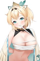 Rule 34 | 1girl, absurdres, alternate breast size, arms behind back, blonde hair, blue eyes, blush, breasts, chest sarashi, commentary request, hair ribbon, haori, highres, hololive, japanese clothes, kazama iroha, large breasts, looking at viewer, mouth hold, navel, neko lu (wofud453), off shoulder, ribbon, ribbon in mouth, sarashi, short hair, simple background, solo, stomach, upper body, virtual youtuber, white background