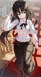 Rule 34 | 1girl, absurdres, black footwear, black hair, black headband, black neckwear, black skirt, blue eyes, boots, breasts, from above, hand on own head, headband, highres, long hair, long skirt, scottie (phantom2), skirt, small breasts, smile, solo, stairs, tohno akiha, tsukihime, walking