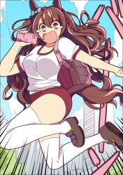 Rule 34 | 1girl, ahoge, alternate costume, animal ears, backpack, bag, blue sky, blush, braid, breasts, brown eyes, brown hair, buruma, cellphone, city, cloud, cloudy sky, commentary request, crack, crying, crying with eyes open, drooling, emphasis lines, hair between eyes, hair ornament, highres, horse ears, horse girl, horse tail, legs up, long hair, looking at viewer, medium breasts, mejiro bright (umamusume), midair, mouth drool, open mouth, outdoors, phone, pink bag, red buruma, shirt, side braids, sky, solo, streaming tears, tail, tears, thighhighs, umamusume, wahiko (black bastard), white shirt, white thighhighs, yellow eyes