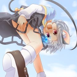 Rule 34 | 1girl, animal ears, blue sky, capelet, cloud, covering privates, covering crotch, day, dress, female focus, gem, grey dress, jewelry, koza, kozakura (dictionary), mouse ears, mouse tail, nazrin, necklace, no panties, open mouth, pendant, red eyes, shirt, short hair, silver hair, sky, solo, tail, touhou