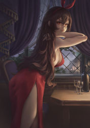 Rule 34 | 1girl, alternate costume, amber (genshin impact), artist name, ass, bottle, breasts, chair, closed mouth, commentary, cup, curtains, dress, drinking glass, english commentary, from side, genshin impact, hair between eyes, hair ribbon, hairband, highres, indoors, lips, long hair, looking at viewer, red dress, red eyes, red hairband, red ribbon, ribbon, side slit, sideboob, solo, standing, stormstx, table, very long hair, window