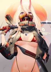 Rule 34 | 1girl, ammunition belt, bandolier, bikini, bikini top only, blonde hair, breasts, breasts apart, commentary request, dog tags, english text, gloves, gunblade, hand in pocket, highleg, highleg bikini, highres, holding, holding sword, holding weapon, horns, jacket, katana, long hair, looking at viewer, mask, medium breasts, mouth mask, navel, oni, oni horns, original, poligon (046), red bikini, red eyes, solo, swimsuit, sword, weapon